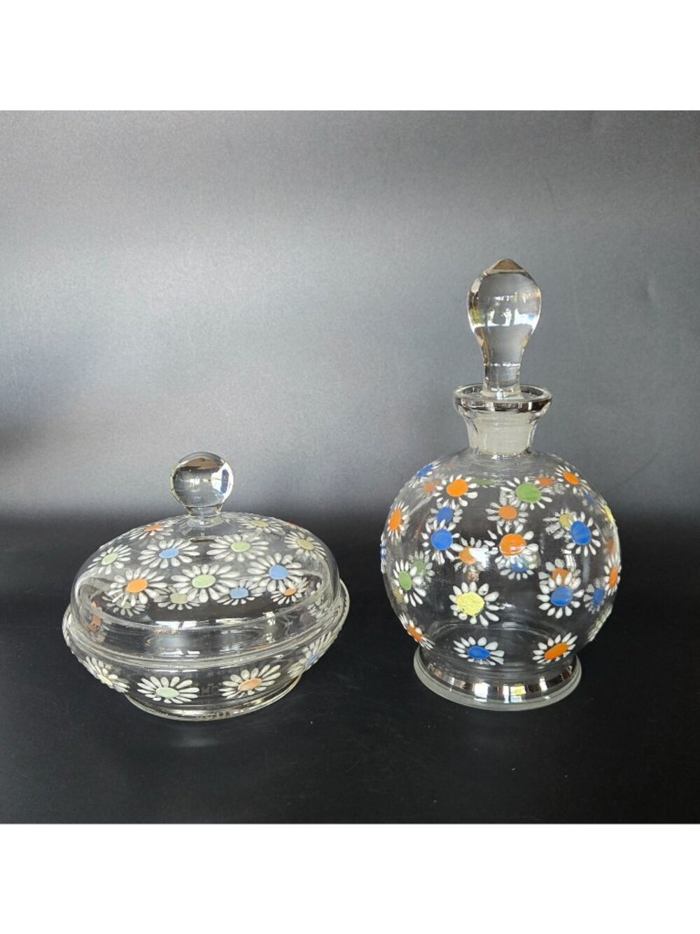 Czech Glass Dresser Set, Hand Painted Daisies Multicolor Perfume Bottle & Covere